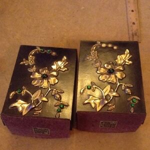 1950's Elegant Gold and Green Lacquered Floral Book Ends